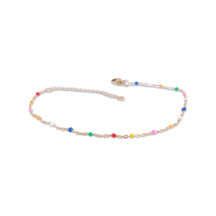 Multicolored beaded anklet on a white background