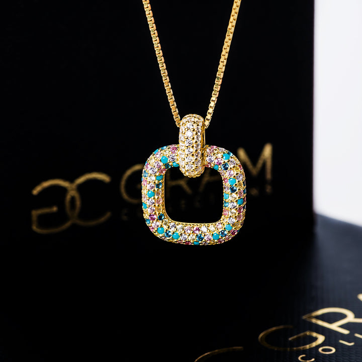 Close up view of beautiful RoseMarie Necklace standing in front of its uniquely designed box. 
