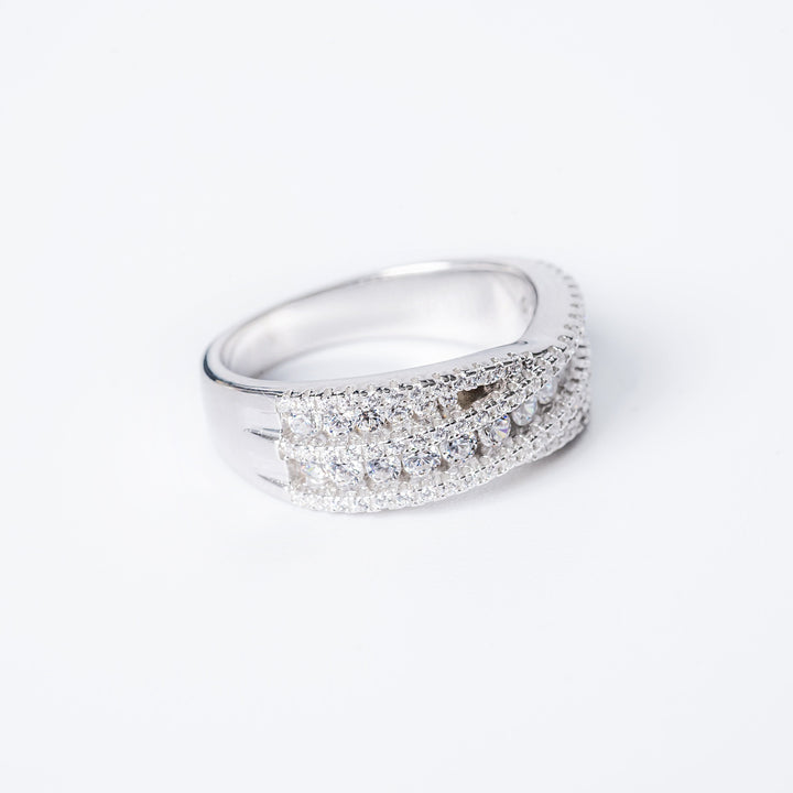 A sterling silver Cynthia ring with two bands of cubic zirconia hypoallergenic and tarnish-free.