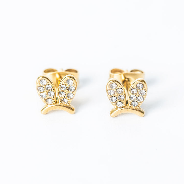 Gold Elena stud earrings with crystal-studded bunny-shaped design shown from the front.