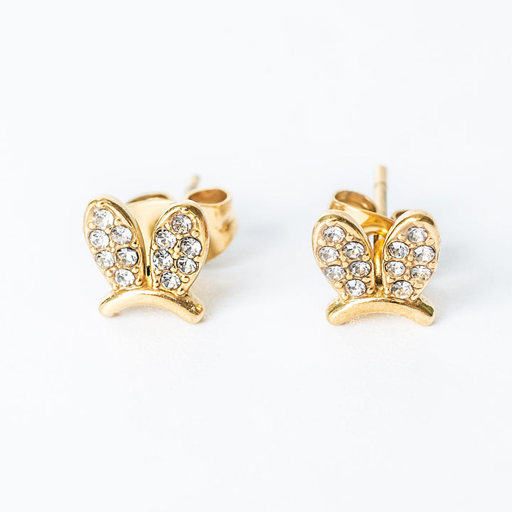 Gold Elena stud earrings with crystal-studded bunny-shaped design.
