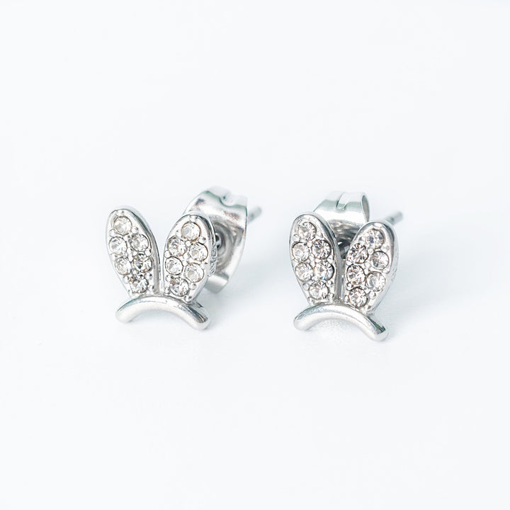 Silver Elena stud earrings with crystal-studded bunny-shaped design.