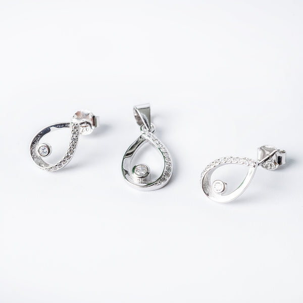 A set of sterling silver Emma set jewelry including a pendant, chain, and earrings, adorned with cubic zirconia.