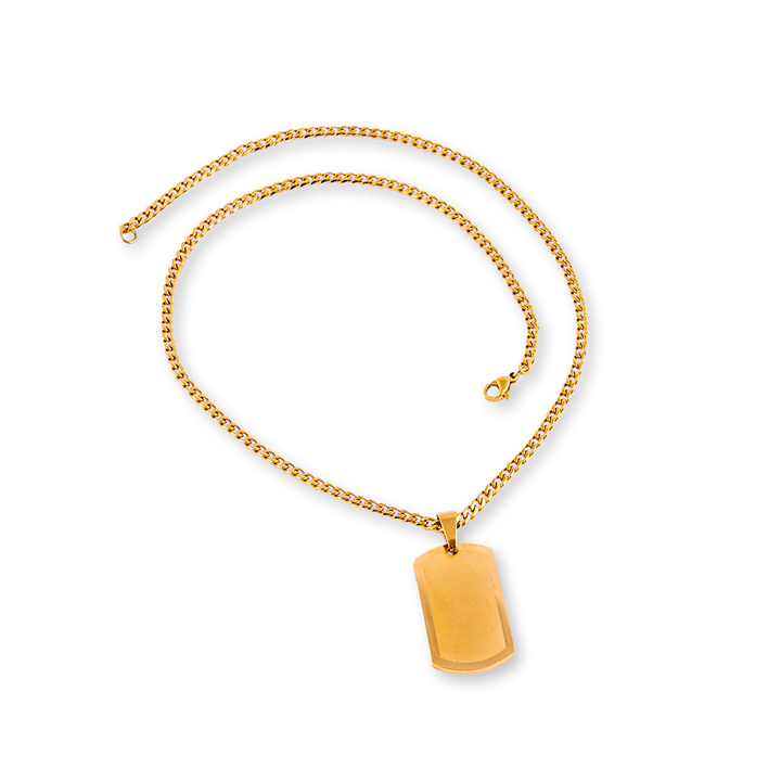 Gold plated engravable necklace with a rectangular pendant on a white background