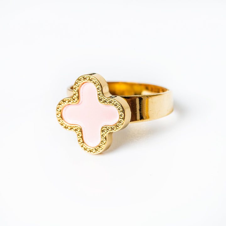 A close up view of Fiorella Ring in pink colour standing in the center of the image 