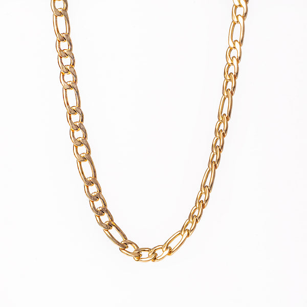 A yellow gold stainless steel necklace with a uniform pattern and a clasp closure.