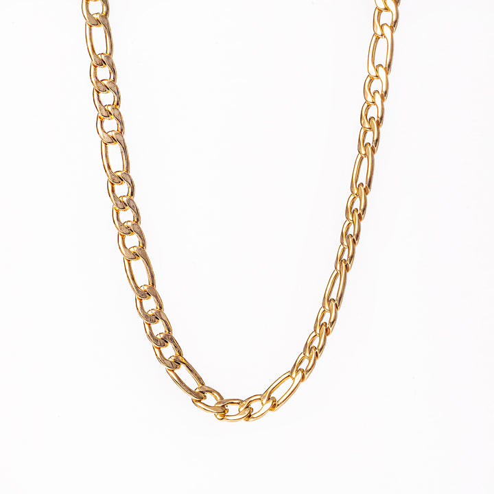 A yellow gold stainless steel necklace with a uniform pattern and a clasp closure.