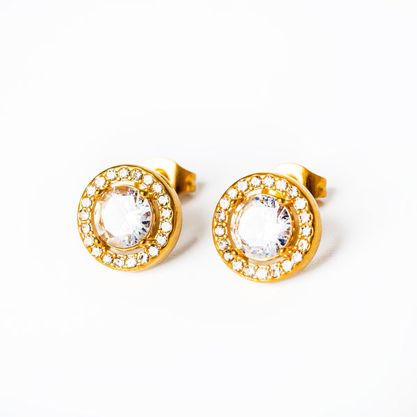A pair of yellow gold-plated stainless steel earrings with AAA cubic zirconia embellishments.