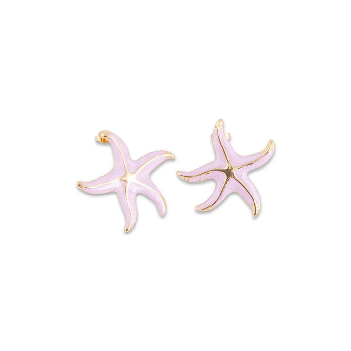 Starfish-shaped earrings in a pink colour on a white background
