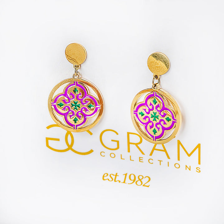 Gold  maduma earrings with a purple and green design on a white background with 'Elegram Collections' branding.