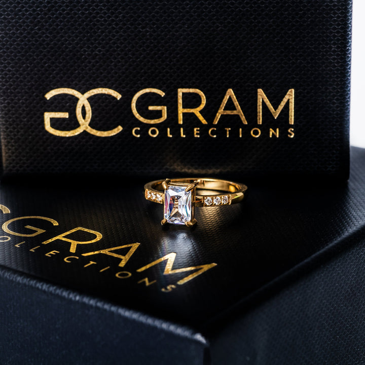 gram collections Sonia Gold Ring standing in the center of the image against a white background 