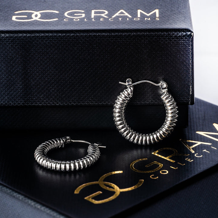 Vivi Silver Earrings placed on its uniquely designed black box. 