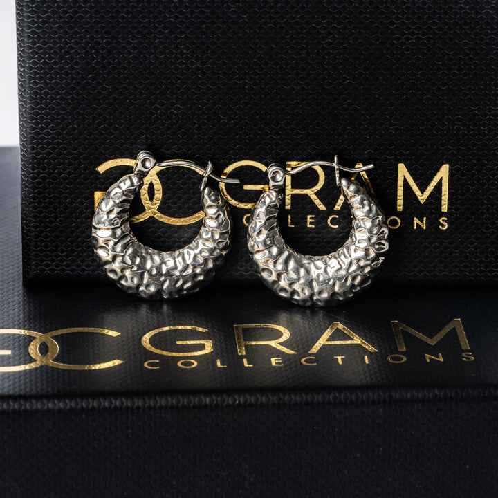 A close up view of Graziella Silver Earrings standing in the center of the image 