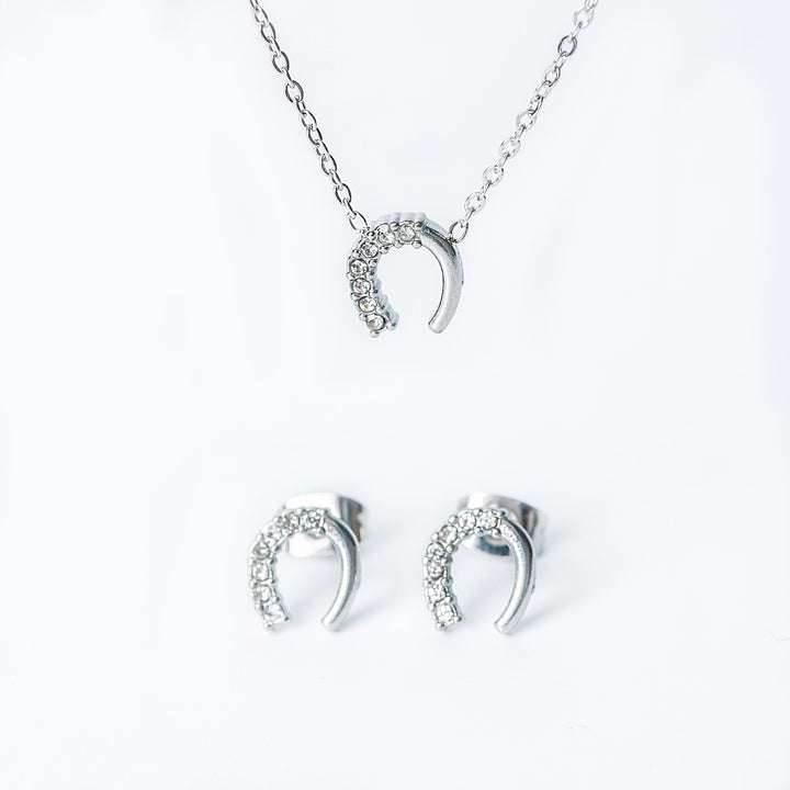 Silver horseshoe necklace with matching crystal-studded horseshoe stud earrings displayed together