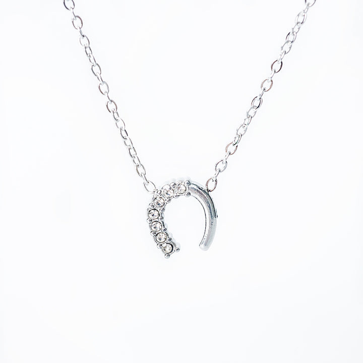 Silver horseshoe necklace with clear crystal detailing