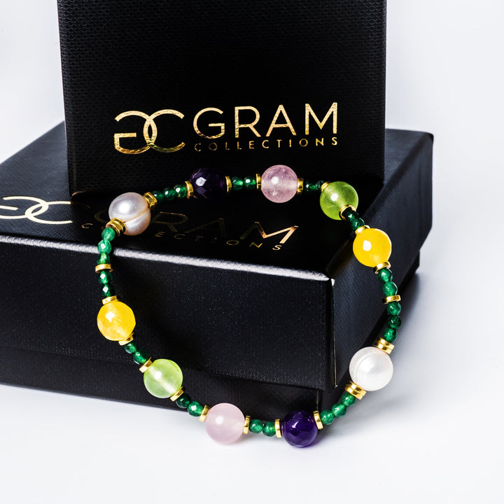 HoneyDew Bracelet placed on the edge of its gram collections black box surrounded by a white background. 