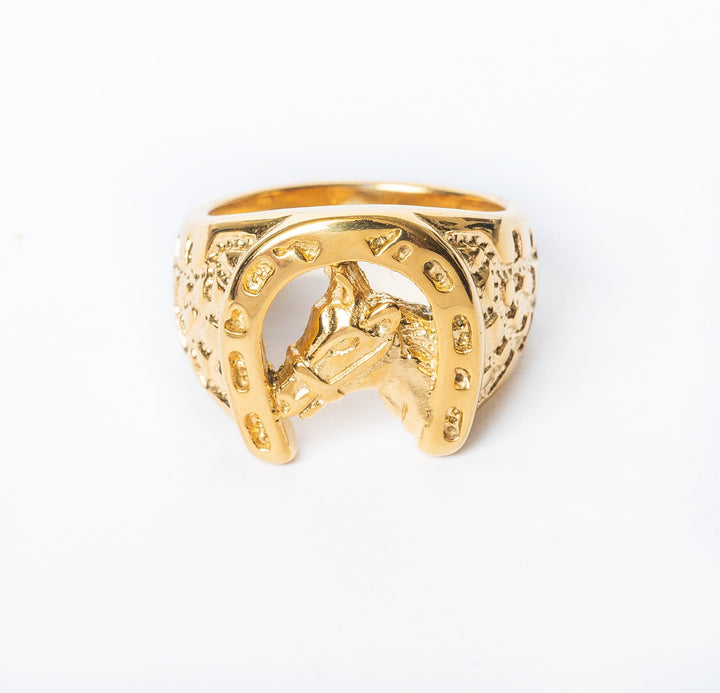 Hunky Horse Ring seeing from a front view standing in the center of the image against a white background. 