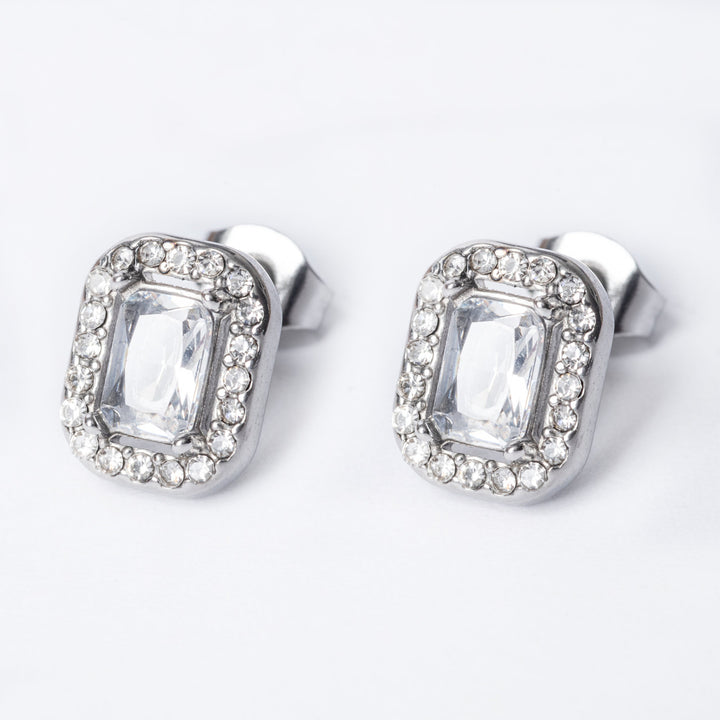 A close up view of Kristal Earrings silver colour, standing in the center of the image against a white background. 