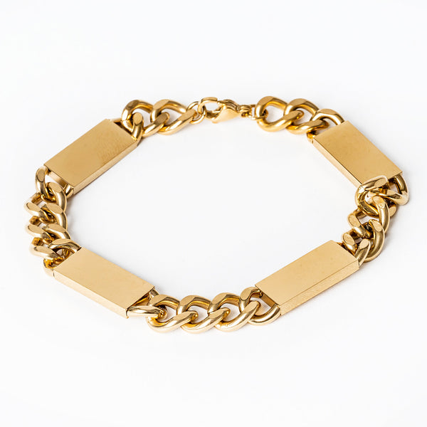 A gold-colored stainless steel Large bar  bracelet with a Maltese cross style, featuring linked chains and rectangular bars.