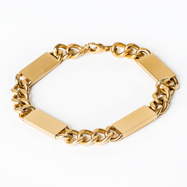 A gold-colored stainless steel Large bar  bracelet with a Maltese cross style, featuring linked chains and rectangular bars.