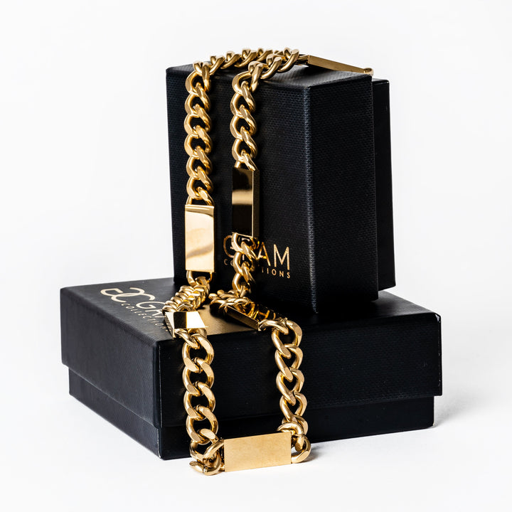 A large bar necklace placed over its two black box. 