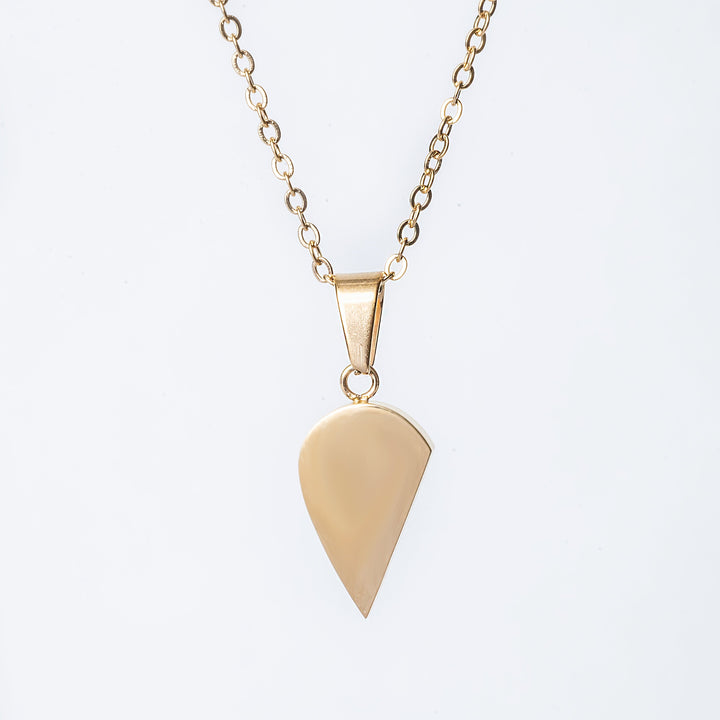 The left side of a broken heath pendant, attached to its chain, standing against a white background. 