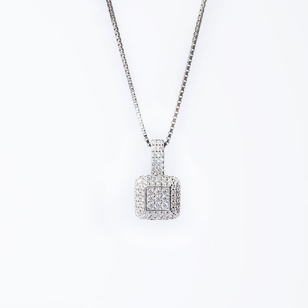 A sterling silver Liana necklace with a square-shaped pendant adorned with cubic zirconia, displayed against a white background.