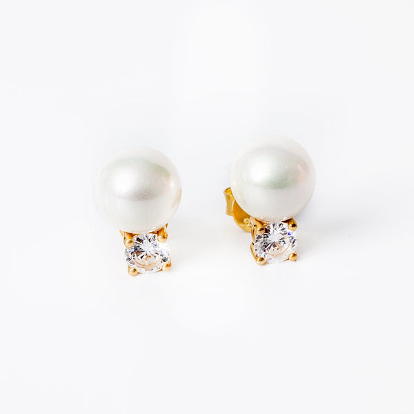 A pair of sterling silver Lora earrings with yellow gold plating, featuring AAA cubic zirconia and cultured pearl embellishments.