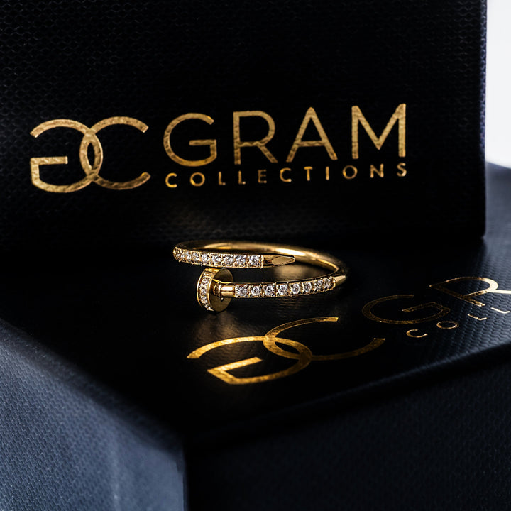 Lorna Gold Ring close up view standing in the center of the box. 
