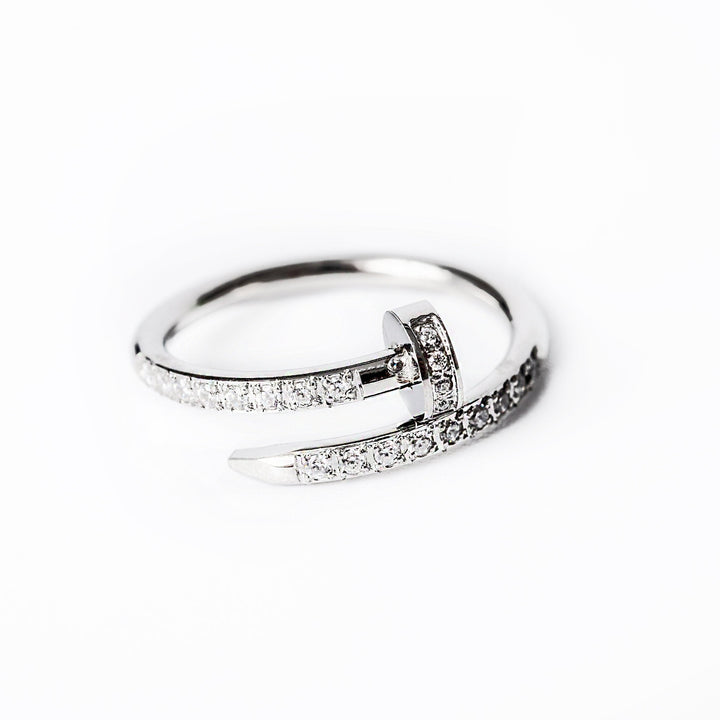 A close up view of Lorna Silver Ring standing in the center of the image against a white background. 