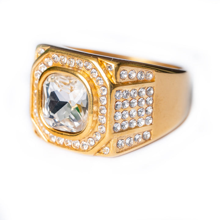 Gold Lorry Ring with a large square clear stone and pavé crystals on the sides