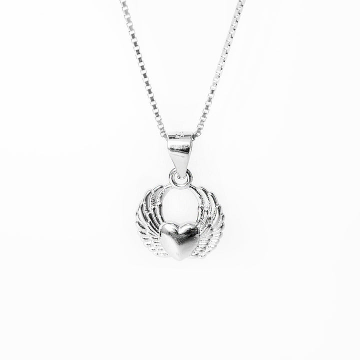 A close up view of Love Wings necklace standing in the center of the image against a white background. 