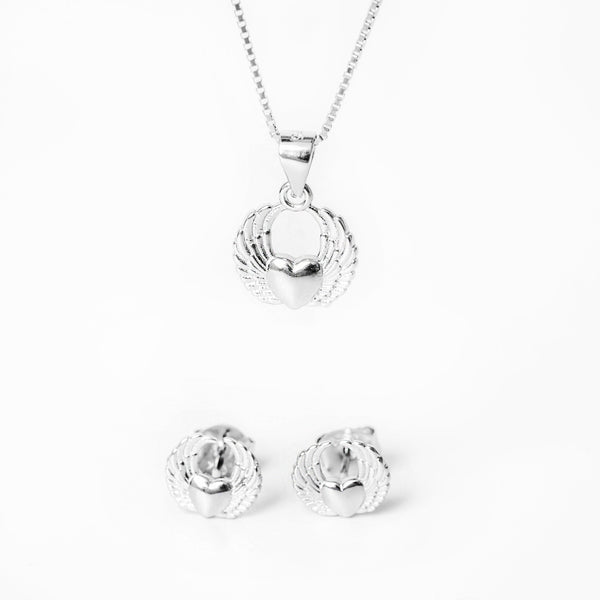 A sterling silver jewelry Love Wings set including a pendant with a design resembling wings, a chain, and a pair of earrings, displayed against a white background.