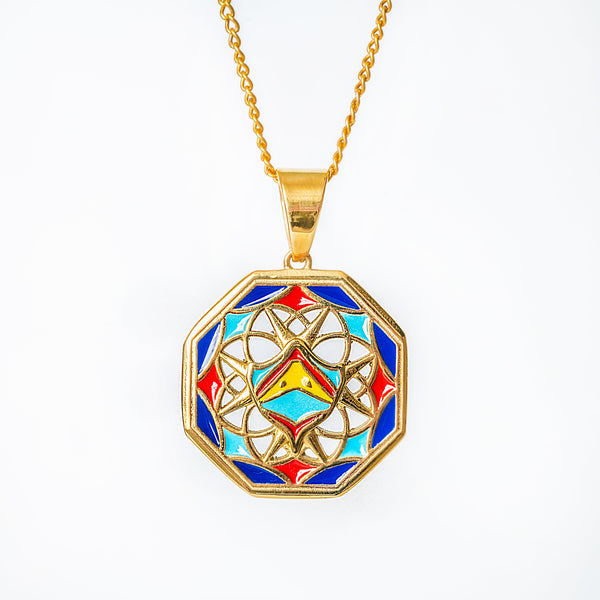 Luzu necklace with a colorful geometric pendant on a white background