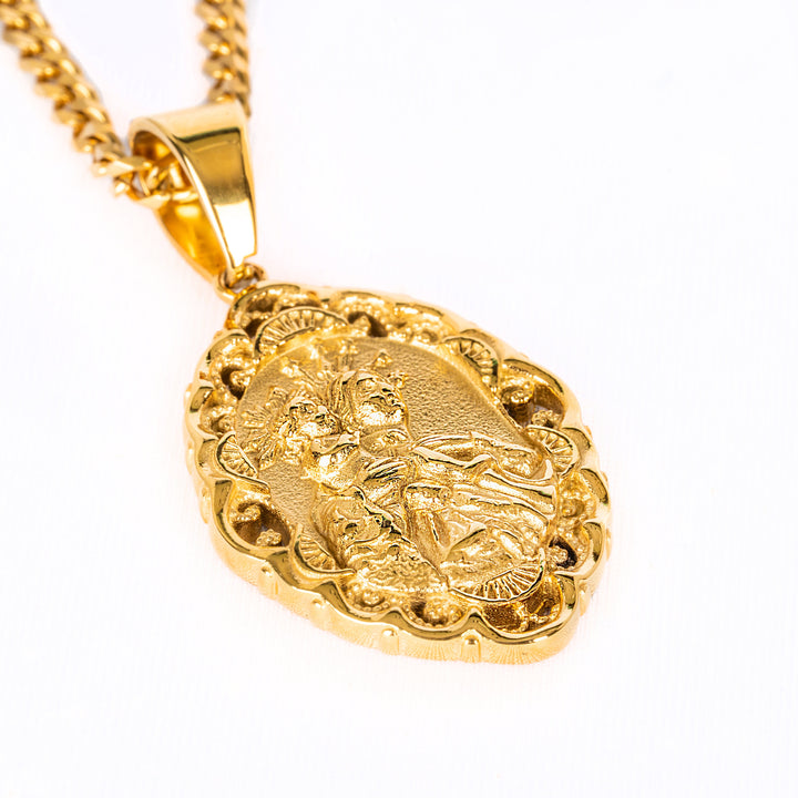 Madonna Tal Grazzja Necklace placed on the bottom in the center of the image, available to be seeing from a bird view, standing against a white background. 