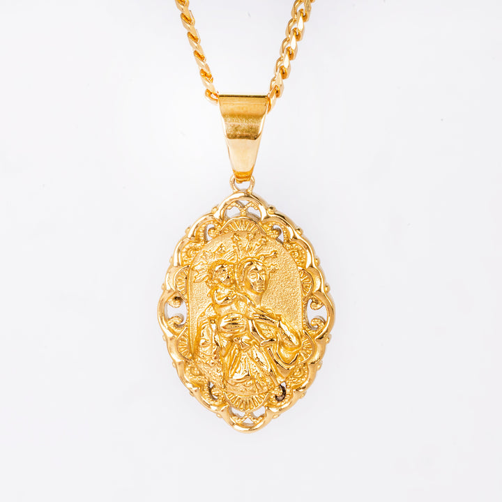 madonna tal grazzja necklace standing in the center of the image against a white background. 