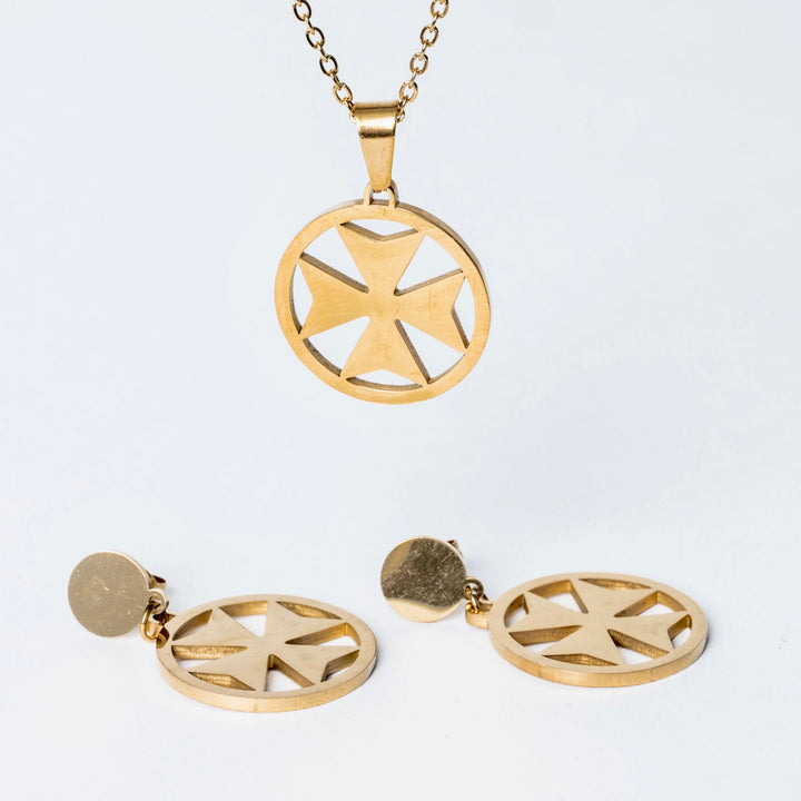 Malta cross circle set standing in the center of the image against a white background 