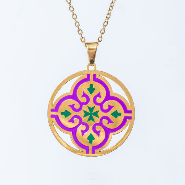 A gold-plated stainless steel Maltese  necklace with a yellow gold finish, featuring a purple and green enamel Maltese cross design on a pendant.
