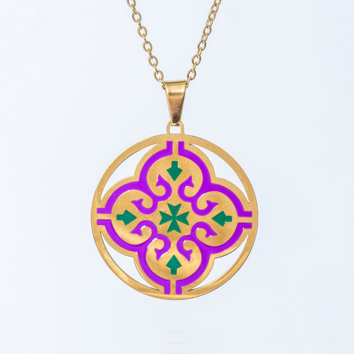 A gold-plated stainless steel Maltese  necklace with a yellow gold finish, featuring a purple and green enamel Maltese cross design on a pendant.