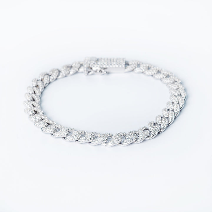 Silver Manchester bracelet featuring a pavé-set chain design with a rectangular clasp, photographed on a white background
