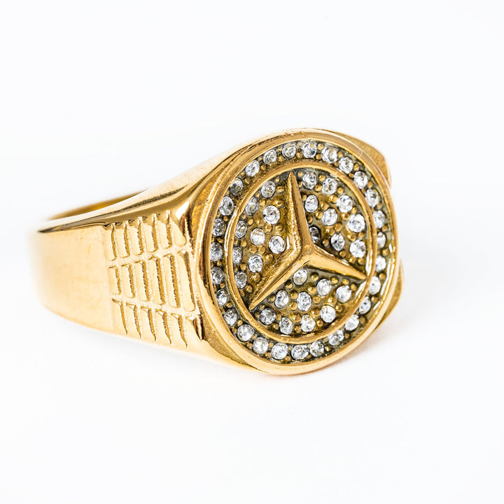 A close up view of Mercedes Ring standing in the center of the image, against a white background. 