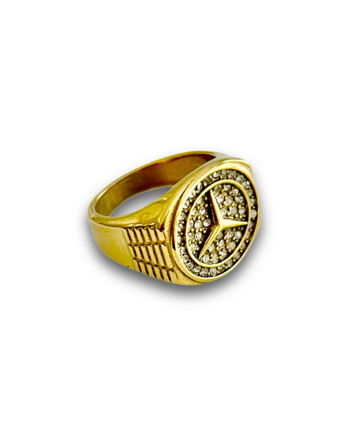 Side of Mercedes Ring standing in the center of the image against a white background.  