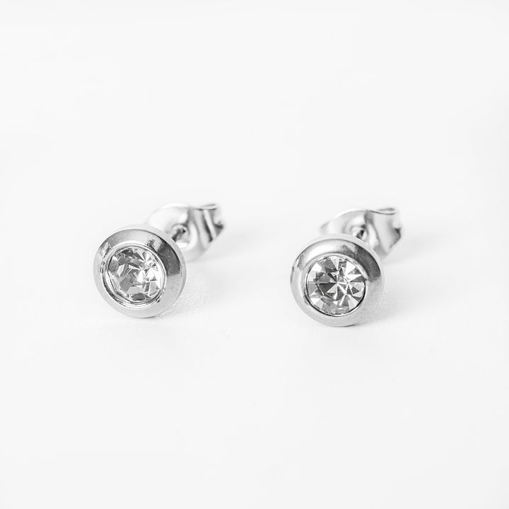 Silver Mirielle stud earrings with bezel set clear crystals