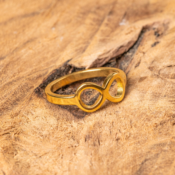 Close up view of Ochrid ring standing in the center of the image against wooden background. 