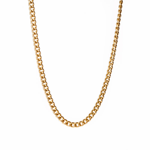 A gold-colored stainless steel necklace with a uniform pattern and a bright finish.