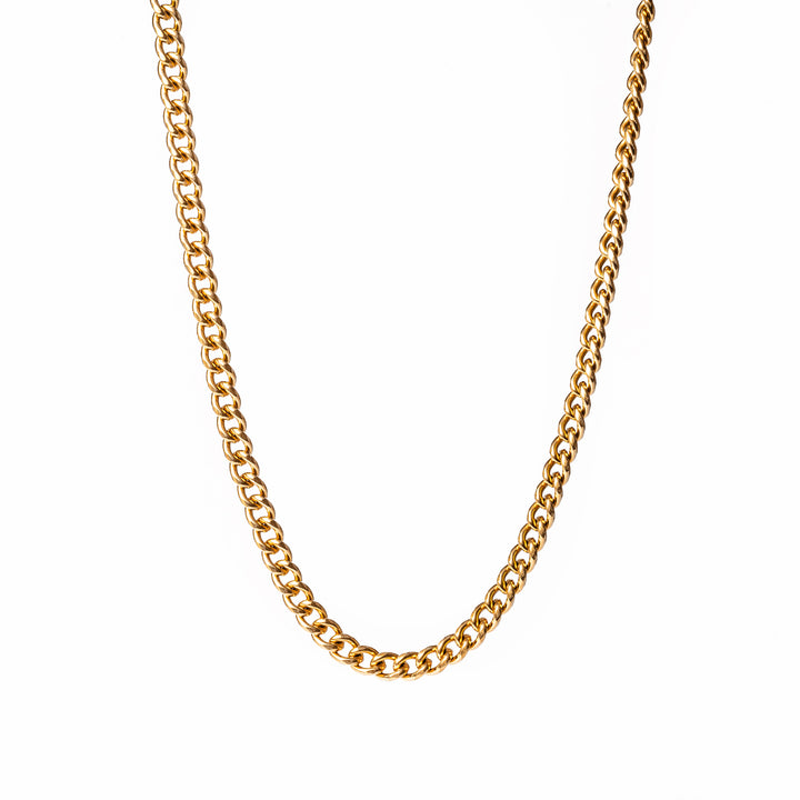 A gold-colored stainless steel necklace with a uniform pattern and a bright finish.