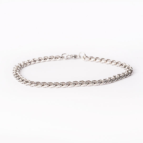 A close up view of parma silver necklace standing in the center of the image against a white background. 