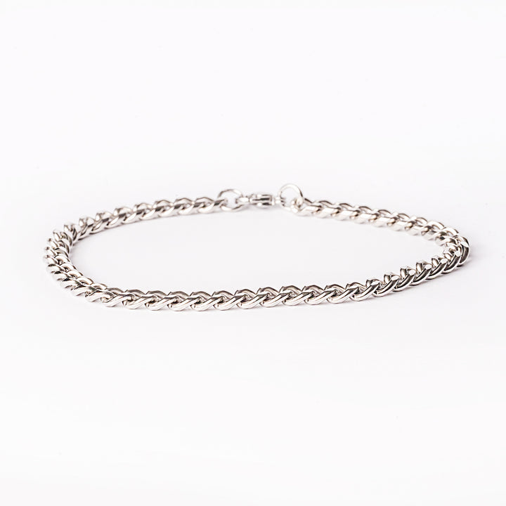 A close up view of parma silver necklace standing in the center of the image against a white background. 