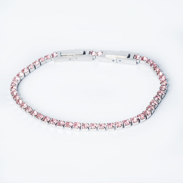 Silver Patty bracelet with a full row of light pink stones displayed in a front view on a white background
