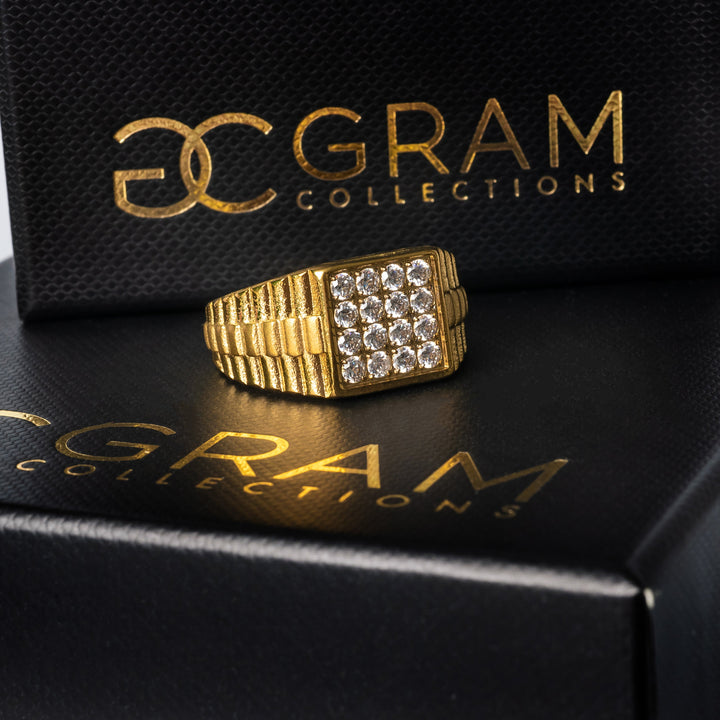 A president ring standing on its uniquely designed black box. 
